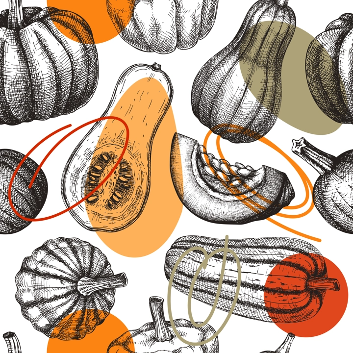 Sketched pumpkin seamless pattern. Thanksgiving day wall design. Autumn food background. Vector vegetables, butternut squash, marrow, pumpkin slice sketches. Fall harvest festival backdrop